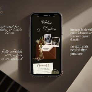May include: A smartphone displays a wedding invitation design with the names "Chloe & Dylan." The design includes photos, an envelope, and text that reads "We can't wait to celebrate with you!" The design is optimized for mobile devices.