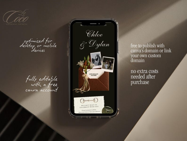 May include: A smartphone displays a wedding invitation design with the names "Chloe & Dylan." The design includes photos, an envelope, and text that reads "We can't wait to celebrate with you!" The design is optimized for mobile devices.