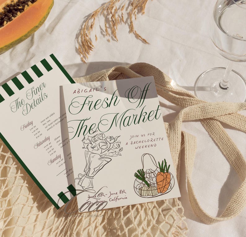May include: A white invitation card with green and black stripes on the left side and a handwritten invitation for a bachelorette weekend. The invitation reads "Abigail's Fresh Off The Market" with a drawing of a bouquet of flowers and a grocery bag with carrots and a head of garlic. The text also reads "Join us for a bachelorette weekend" and "June 6th - June 8th, Oceanside, California."