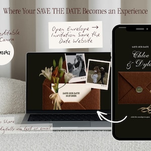 May include: A digital wedding invitation design displayed on a laptop and smartphone. The laptop shows an open envelope with photos and text. The smartphone displays a brown envelope with the names "Chloe & Dylan". Text includes "Save the Date".