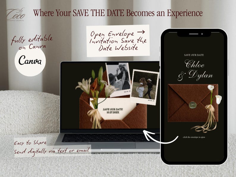 May include: A digital wedding invitation design displayed on a laptop and smartphone. The laptop shows an open envelope with photos and text. The smartphone displays a brown envelope with the names "Chloe & Dylan". Text includes "Save the Date".