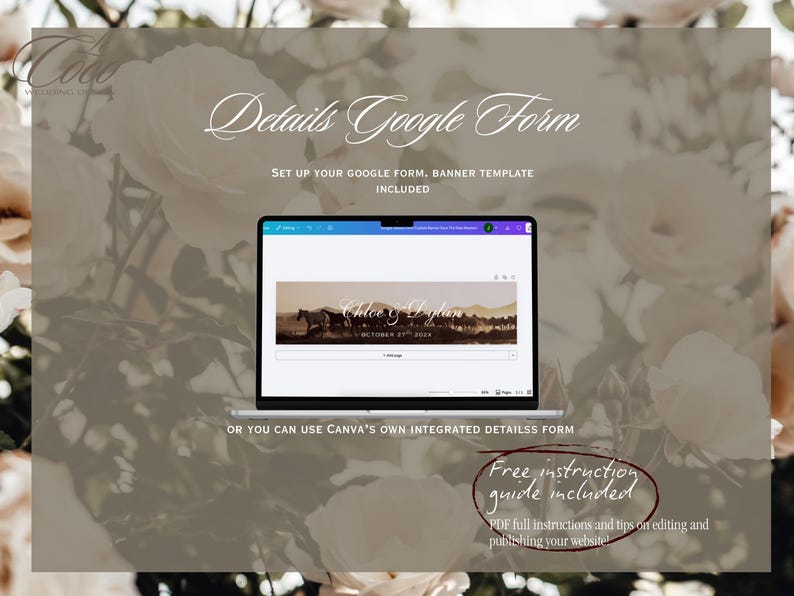 May include: A laptop screen displays a Google Form template with the text "Chloe & Dylan" and the date "October 27th, 2024". The image includes the text "Details Google Form" and "Free instruction guide included".