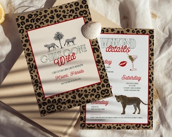 May include: Two invitation cards with a leopard print border and text. One card reads "Girls Gone Wild" with a Miami, Florida location. The other card says "Weekend Details" with a martini illustration and a leopard illustration.