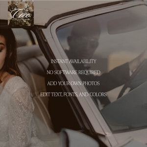 May include: A website screenshot with the text "Coco Wedding Design" in a white box with a floral design. The text "INSTANT AVAILABILITY", "NO SOFTWARE REQUIRED", "ADD YOUR OWN PHOTOS", and "EDIT TEXT, FONTS, AND COLORS" is displayed in white text on a dark background.
