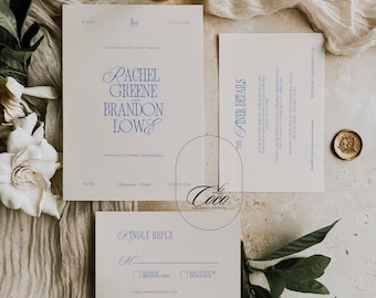 Dusty Blue Wedding Invitation Suite, Modern Vintage Template (Digital Download)