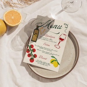 Handgezeichnetes Brautparty-Menü, handgeschriebenes Brautmenü-Vorlage, trendiges Vintage-Brautdusche-Menü, italienisches Dinner-Party-Menü