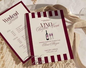 Vino Before Vows Burgundy Stripe Bachelorette Itinerary Invitation Template: Old Money Classic Invite