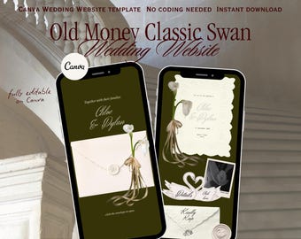 European Old Money Swan Wedding Website Template Canva, Vintage Romance Digital Invitation