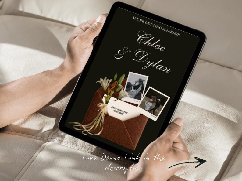 May include: A tablet displays a wedding invitation design. The invitation features the names "Chloe & Dylan" in elegant script, with the text "WE'RE GETTING MARRIED!" above. A brown envelope with photos and flowers is displayed. The text "Live Demo Link in the description" is also visible.