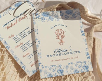 Lobster Toile Bachelorette Itinerary Invitation: Coastal Chinoiserie (Digital Download, 5x7" Template)