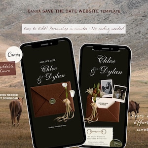 May include: Two smartphones display a wedding save-the-date design. The design features a brown envelope with the names "Chloe & Dylan" in elegant script. The background shows a landscape with horses.