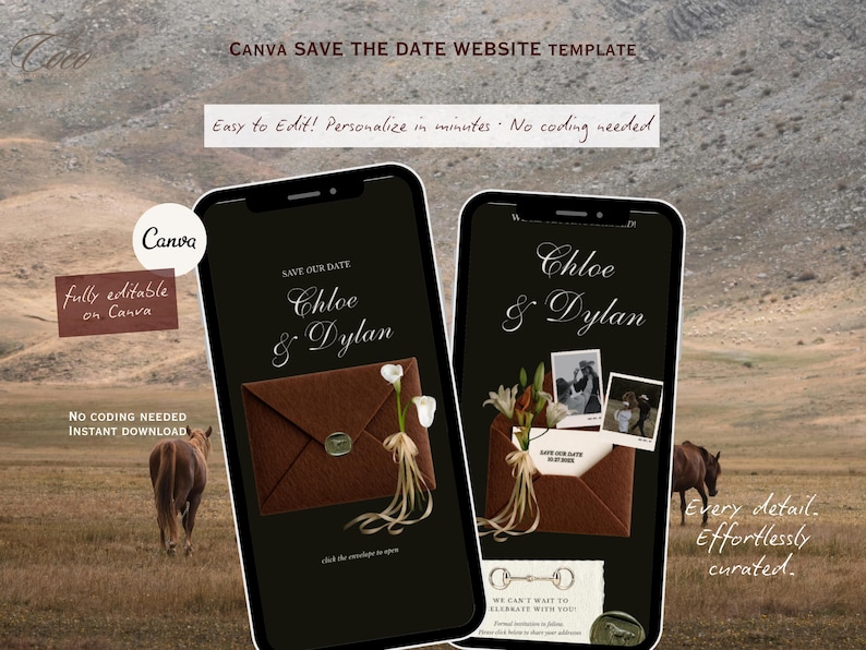 May include: Two smartphones display a wedding save-the-date design. The design features a brown envelope with the names "Chloe & Dylan" in elegant script. The background shows a landscape with horses.