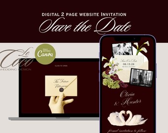 Digital Save The Date Burgundy Website Invitation | Swan Design with Chartreuse Green Accents