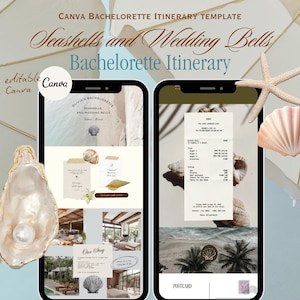 Peut inclure: Un modèle Canva numérique pour un itinéraire d'enterrement de vie de jeune fille, sur le thème des coquillages et du mariage. Le design comprend deux smartphones affichant les détails de l'itinéraire, des coquillages et une étoile de mer. Le texte dit "Seashells and Wedding Bells Bachelorette Itinerary".