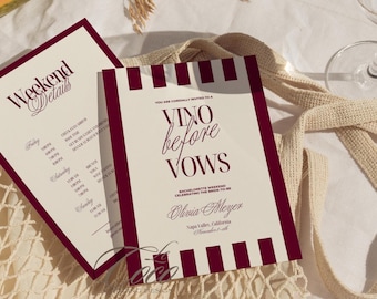 Vino Before Vows Burgundy Stripe Bachelorette Itinerary Invitation Template: Old Money Classic Invite