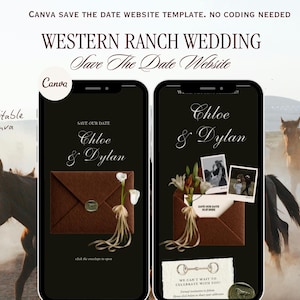 May include: A digital wedding invitation template on a smartphone screen. The design features a brown envelope with the names "Chloe & Dylan" in elegant script. The background includes horses and the text "Western Ranch Wedding."