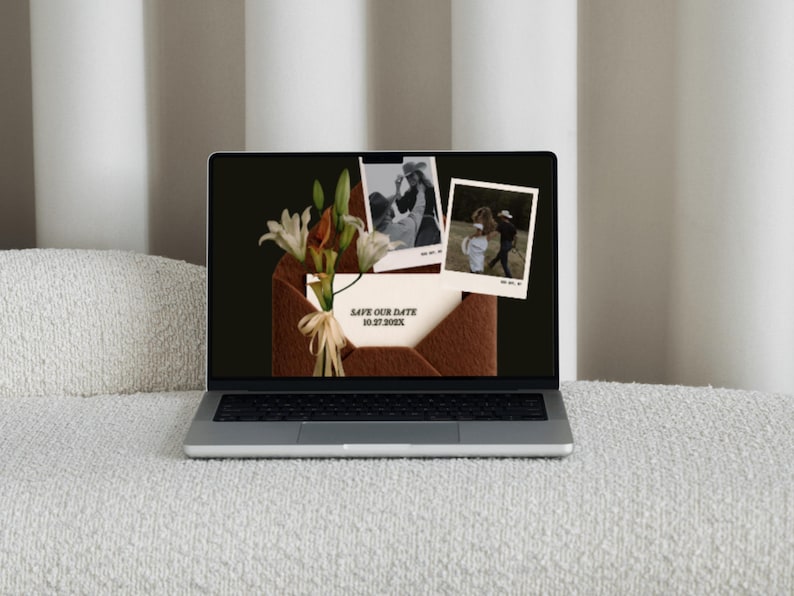 May include: A laptop displays a wedding invitation design. The screen shows a brown envelope with flowers, two black and white photos, and a card that reads "Save Our Date 10.27.2025". The laptop is on a white textured surface.