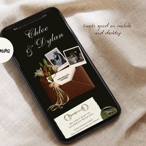 May include: A smartphone displays a wedding invitation with the names "Chloe & Dylan" in elegant script. The design includes photos, an envelope, flowers, and the text "We can't wait to celebrate with you!" The Canva logo is visible.