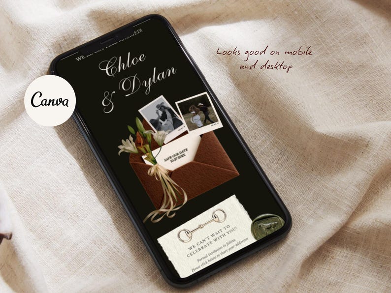 May include: A smartphone displays a wedding invitation with the names "Chloe & Dylan" in elegant script. The design includes photos, an envelope, flowers, and the text "We can't wait to celebrate with you!" The Canva logo is visible.