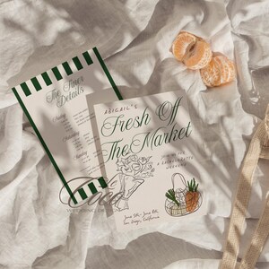 May include: A white card with green text and illustrations. The text reads "Abigail's Fresh Off The Market" and "Joins us for a Bachelorette Weekend". The card also includes the dates "June 5th - June 8th" and the location "San Diego, California".