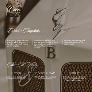 May include: Editable wedding templates for Canva. The image shows a vintage car hood with a chrome hood ornament and a text overlay that says "Editable Templates". The text explains that the templates are edited in Canva, a user-friendly design platform that allows you to fully customize your templates. You will receive a PDF file after your purchase with a link to access your template immediately. All you need is a free Canva account. The image also shows a text overlay that says "How It Works" and explains the three steps: 1. Edit, 2. Download, and 3. Print.