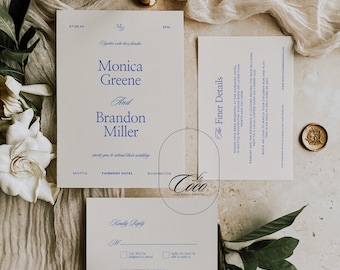 Dusty Blue Wedding Invitation Suite: Modern Retro Template (Digital)