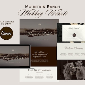 May include: A wedding website design with a Mountain Ranch theme. The design includes a laptop displaying the website, along with other website elements such as an invitation, itinerary, and registry. The design is fully editable on Canva.