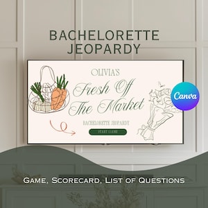 May include: A digital game board for a bachelorette party, featuring the text "Bachelorette Jeopardy" and "Olivia's Fresh Off The Market." The design includes illustrations of vegetables in a reusable bag and a bouquet of flowers. A "Start Game" button is visible.