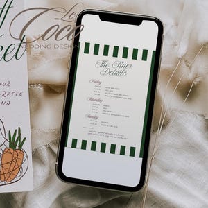 May include: A digital screen displaying a wedding schedule with the title "The Finer Details". The schedule lists events for Friday, Saturday, and Sunday, with times and descriptions for each day. The background is a green and white striped pattern.