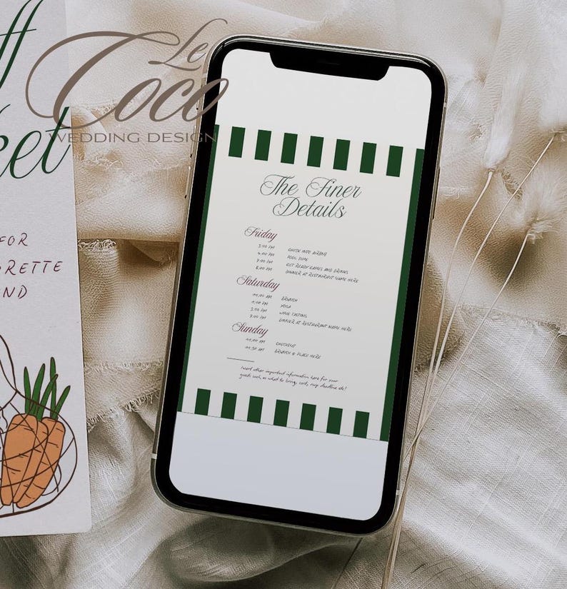 May include: A digital screen displaying a wedding schedule with the title "The Finer Details". The schedule lists events for Friday, Saturday, and Sunday, with times and descriptions for each day. The background is a green and white striped pattern.