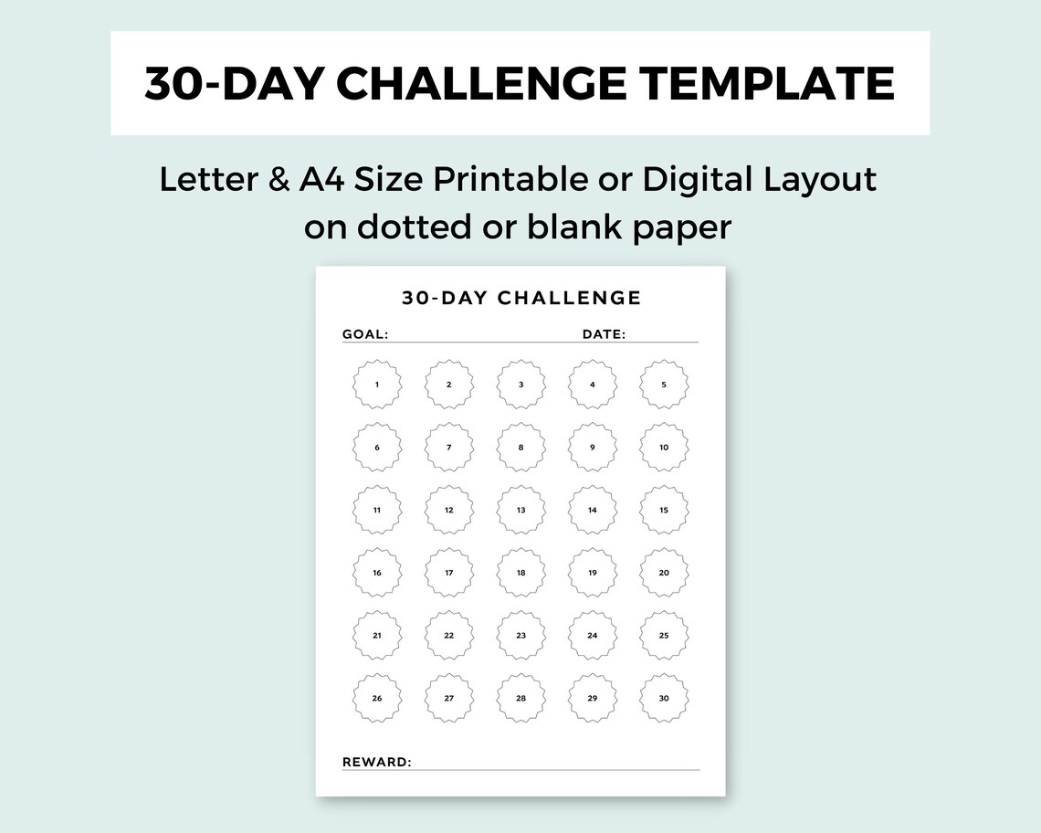 30 Day Challenge Tracker Template Letter A4 Planner Insert Goal Tracker