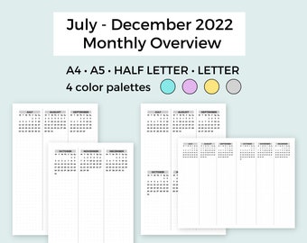 July - December 2022 Monthly Overview Pages • 2022 Midyear planner • printable planner inserts • digital bujo monthly 2022