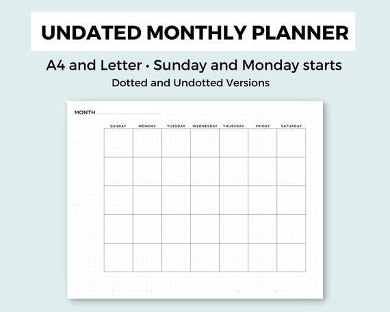 Undated Monthly Planner A4 and Letter Printable Undated - Etsy