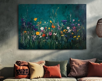 Deep Teal Wildflowers Meadow Thick Impasto Style Oil Painting Print Canvas Wall Art, Floral Botanical Flowers Artwork, Moody Dark Academia