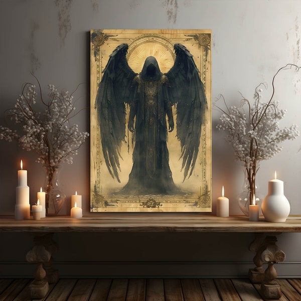 Mystical Dark Angel Framed Canvas Print | Gothic Wall Art | Black Angel Wings Painting | Occult | Fallen Dark Angel Artwork