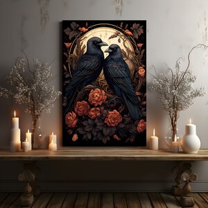 Two Romantic Gothic Ravens & Red Rose Flowers Canvas Wall Art Print ...