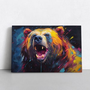 Colorful Grizzly Bear Neon Oil Painting Print | Canvas Wall Art Animals Home Decor | Dining Room Decor Living Room | Modern Wall Hanging