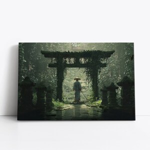 Ancient Samurai Warrior Japanese Tori Gate Framed Canvas Wall Art Print Bedroom Decor Ninja Shogun Ronin Digital Painting Print