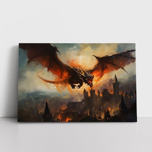 Vintage Medieval Castle Dragon Oil Painting Print Framed Canvas Wall Art Bedroom Decor | Fantasy Dragon Fire Storybook Dungeons And Dragons