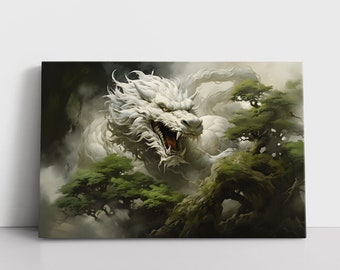 Chinese White Dragon Fantasy Oil Painting Print Framed Canvas Wall Art Bedroom Decor | Asian Dragon Lore Mythical Creature Art