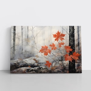 Foggy Forest Painting | Misty Maple Tree Leaves Framed Canvas Wall Art Print | Nature Artwork Maple Leaves