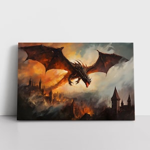 Vintage Dragon Oil Painting Print Framed Canvas Wall Art Bedroom Decor | Fantasy Medieval Village Dragon Fire Storybook Dungeons And Dragons