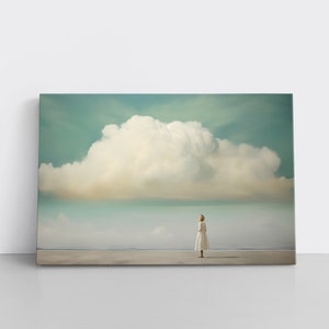 Minimalist Cloud Painting Print on Framed Canvas | Abstract Blue Sky & Clouds Artwork | Moody Wall Art | Study Room Decor | Whimsical Girl