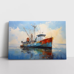 Vintage Old Fishing Boat Oil Painting Print Framed Canvas Wall Art | Coastal Wall Art | Ocean Nautical Decor | Blue Wall Decor