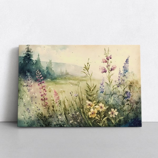 Vintage Watercolor Wildflowers Forest Landscape Painting Print Canvas Wall Art Neutral Painting Muted Colors Floral Botanical Bathroom