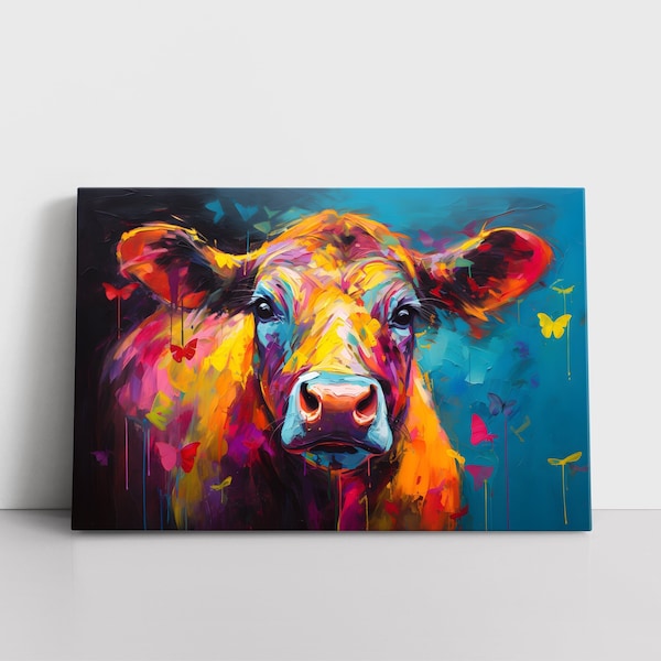 Colorful Cow Oil Painting Print on Framed Canvas Wall Art Home Decor Farm Animals Highland Cow Modern Dining Room Living Room Decor