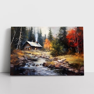 Vintage Country Cabin in Forest Oil Painting Print on Canvas | Lodge Decor Landscape Autumn Trees Nature Wall Art Print Home Decor
