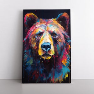 Colorful Grizzly Bear Neon Oil Painting Print on Framed Canvas Wall Art Home Lodge Decor Animals Wildlife Modern Dining Room Living Room