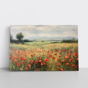 Vintage Country Landscape Poppies Wildflowers Painting Print Canvas Wall Art Farmhouse Decor Neutral Painting Muted Colors Tonal Countryside