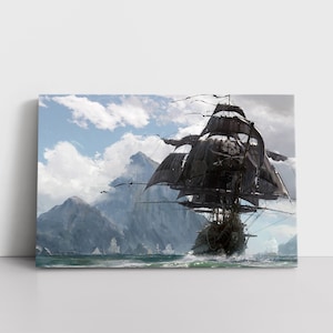 Vintage Old Pirate Ship Boat Oil Painting Print Framed Canvas Wall Art | Jolly Roger Treasure Island | Ocean Nautical Decor | Sail Ship